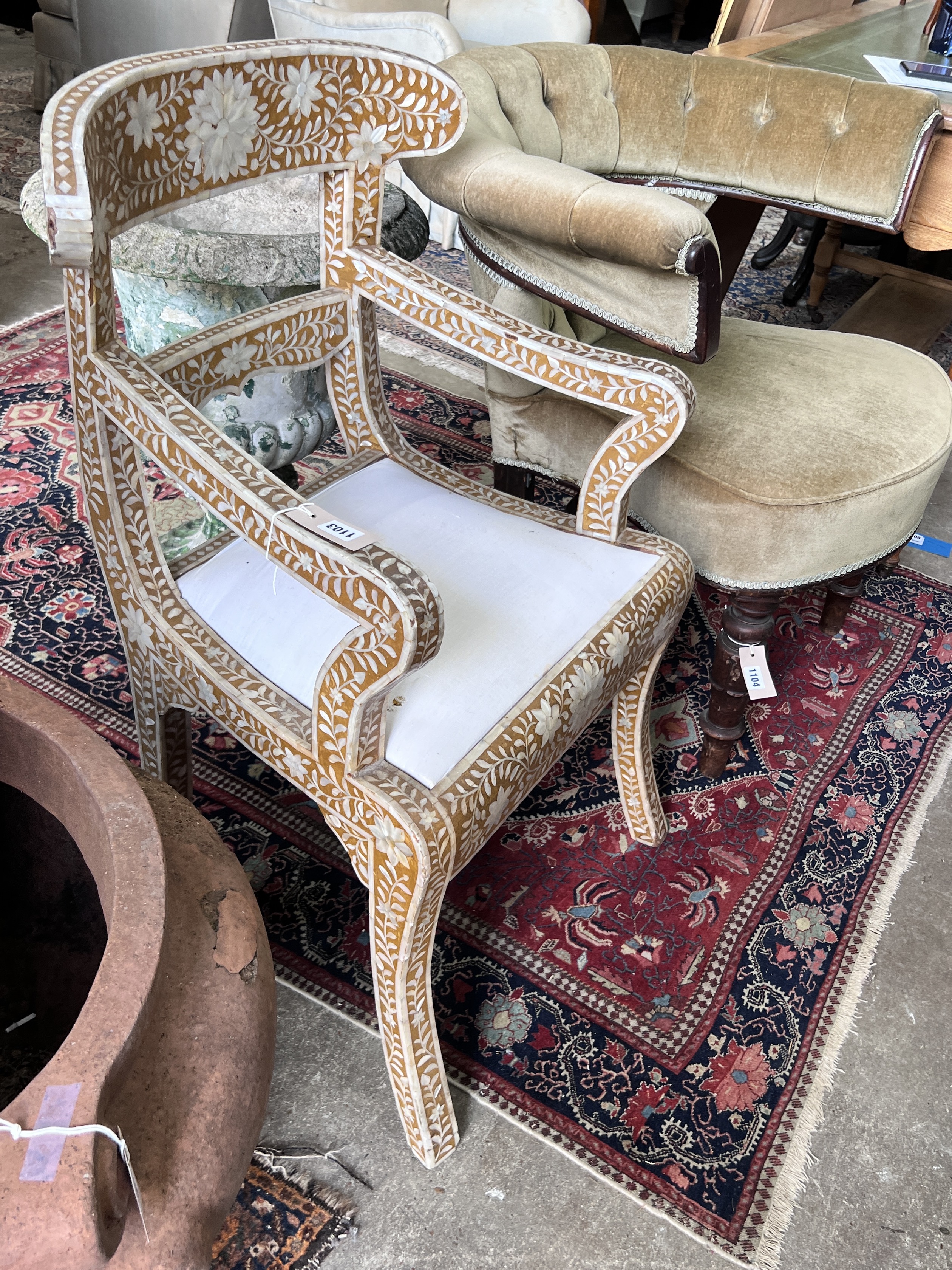 A Regency style faux mother of pearl inlaid elbow chair, width 56cm, height 89cm